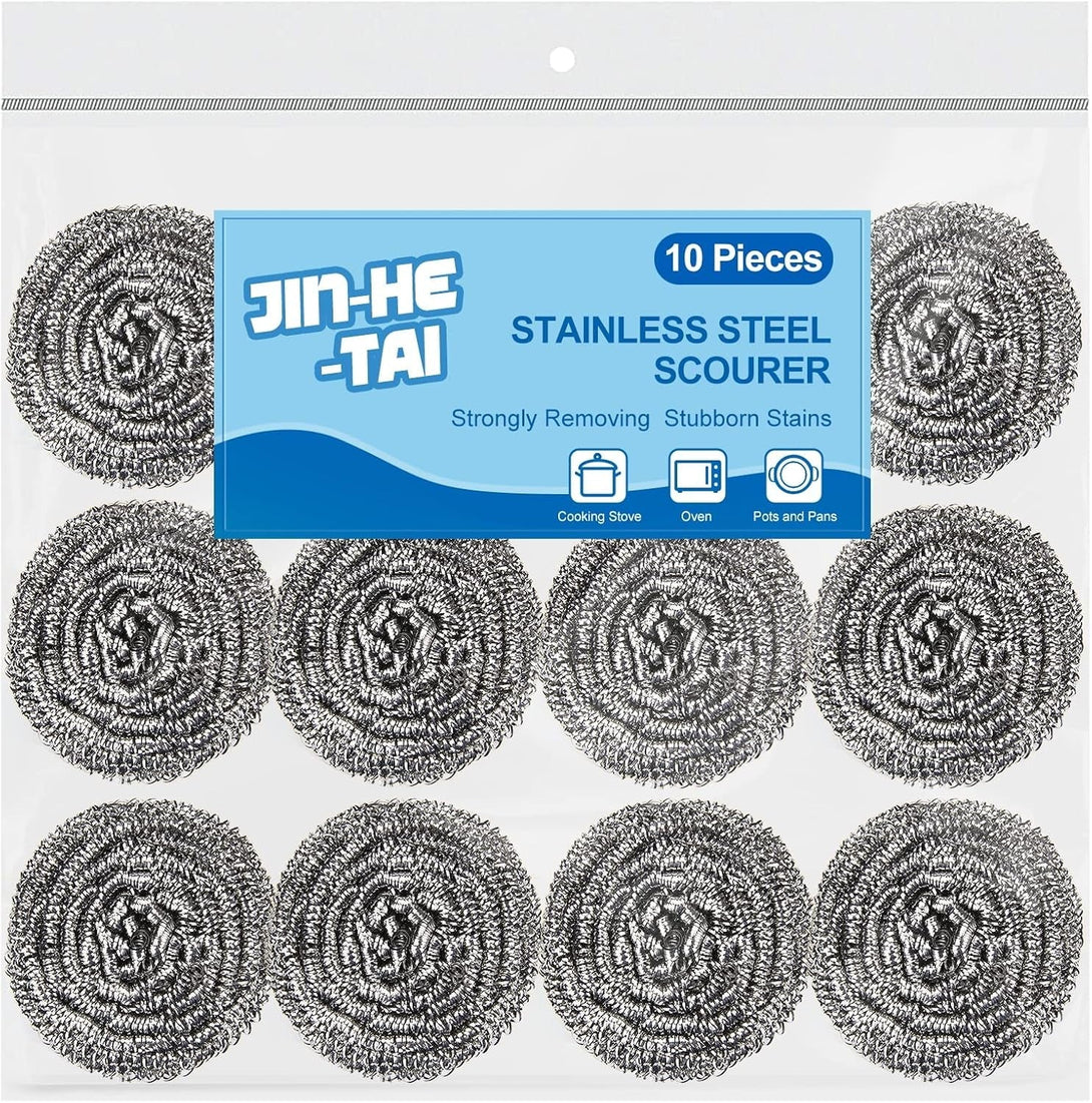 10 Pack Stainless Steel Scrubber, Steel Wool Srubber for Scouring Stubborn Messes from Pots and Pans, Stoves,Broiler Racks,Grills and More