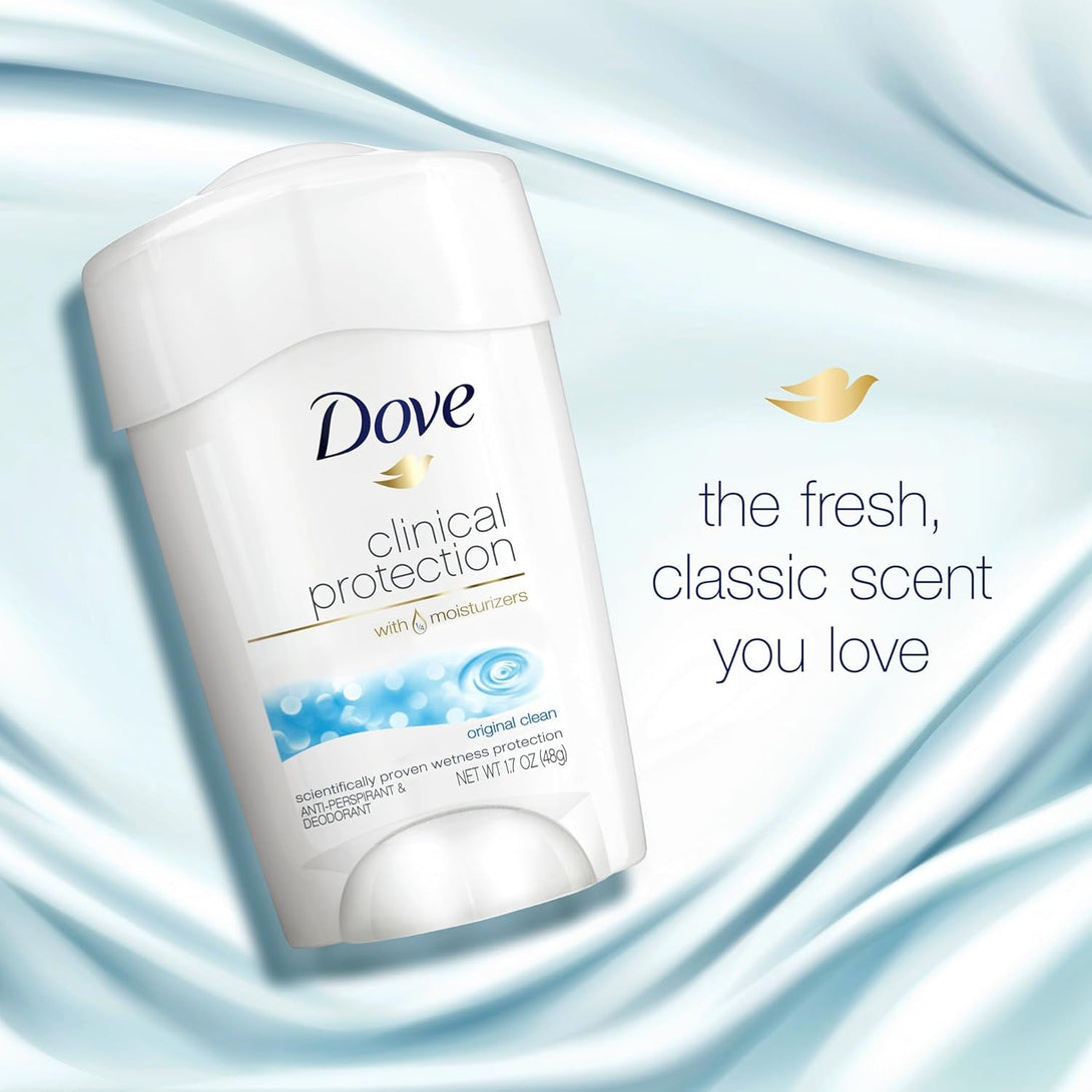 Dove Clinical Protection Antiperspirant Deodorant for Sweat and Odor Protection Original Clean Antiperspirant for Women Made with 1/4 Moisturizers 1.7 Oz