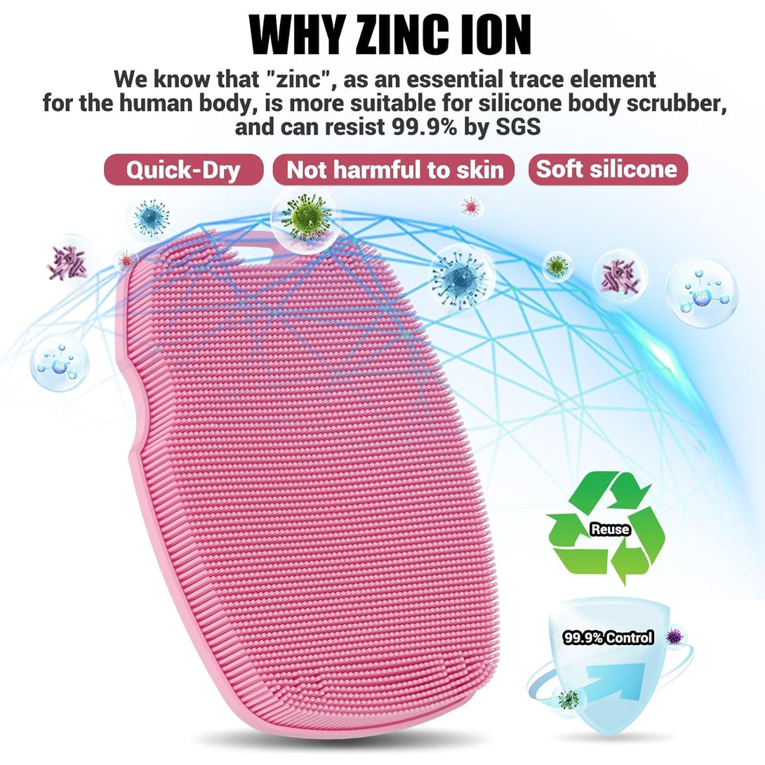 Silicone Body Scrubber - Zinc Infused - Highly Elastic Bristles - Exfoliating Body Scrubber for Cellulite Reduction,Blood Circulation,Massage for Flawless Skin - Pink
