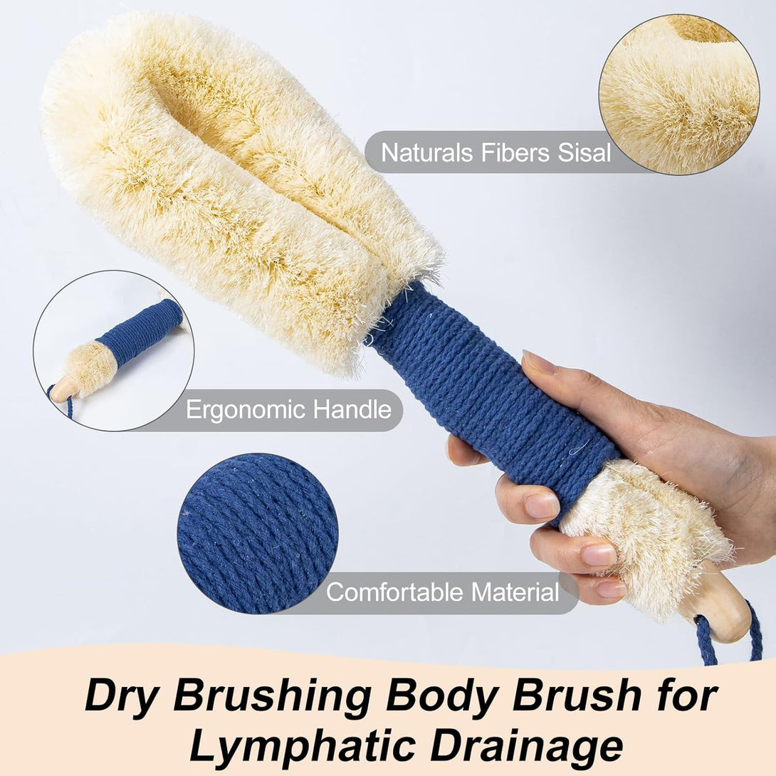 2Pcs Large Dry Brushing Body Brush for Lymphatic Drainage, 14.17" Natural Fibers Sisal Shower Brush for Cleaning Body, Exfoliator Back Scrubber for All Kinds of Skin, Bath, Royal Blue & Khaki
