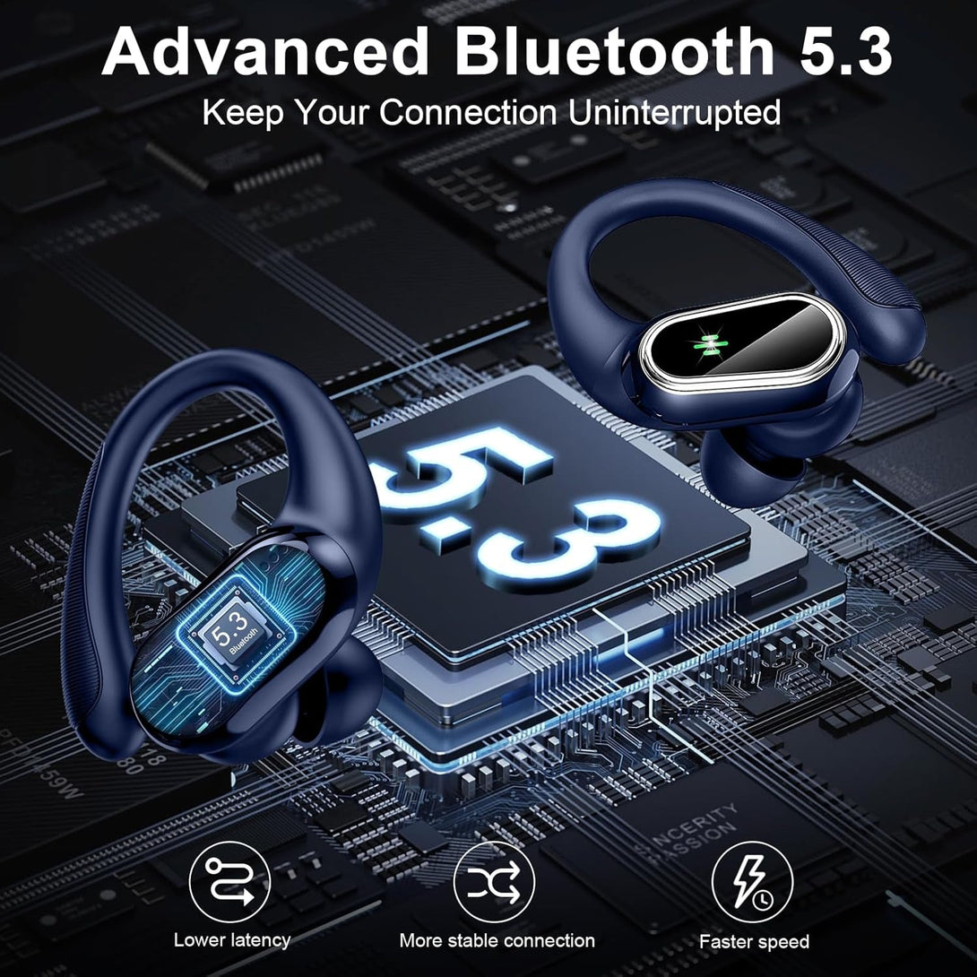 Wireless Earbuds Bluetooth Headphones, Bluetooth Earbuds Stereo Deep Bass, 50Hrs Playtime over Ear Buds and Noise Canceling Mic, IPX7 Waterproof Earphone for Sports/Workout/Running, Navy Blue