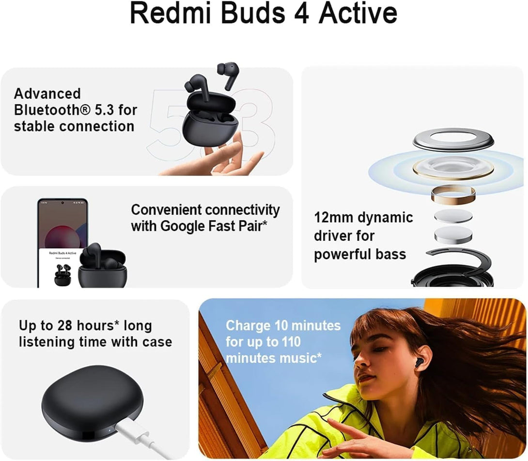 Xiaomi Redmi Buds 4 Active, Advanced Bluetooth® 5.3, 12Mm Dynamic Driver, Google Fast Pair, up to 28 Hours* Long Listening Time with Case