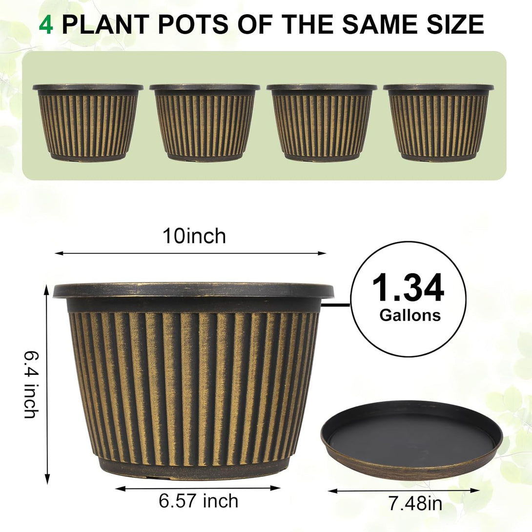 Planter-Pots-For-Plants-Indoor-Outdoor, 4 Pack 10 Inch Plastic Flower Pots with Saucer & Drainage Holes, Modern Garden Planters for Planting Medium Large Plants，Decorative Resin Garden Pots