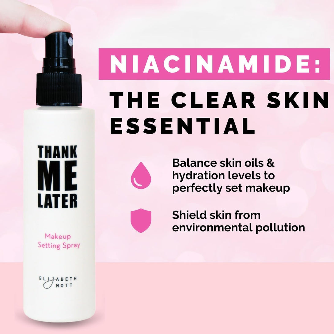 Elizabeth Mott Thank Me Later 3-In-1 Dewy Setting Spray – Dermatologist & Allergy Tested – Hydrating, Fine Mist with Niacinamide for Radiant Skin – Lightweight, Oil-Free, Cruelty-Free, 95Ml