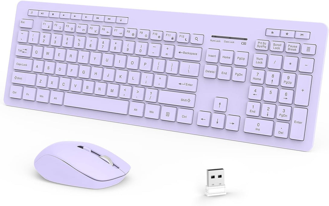 Seenda Wireless Keyboard and Mouse Combo, 2.4Ghz Cordless Quiet Keyboard Mouse with USB Receiver, Full Size Cute Purple Combo, Compatible for Windows Laptop Computer Desktop PC, Purple