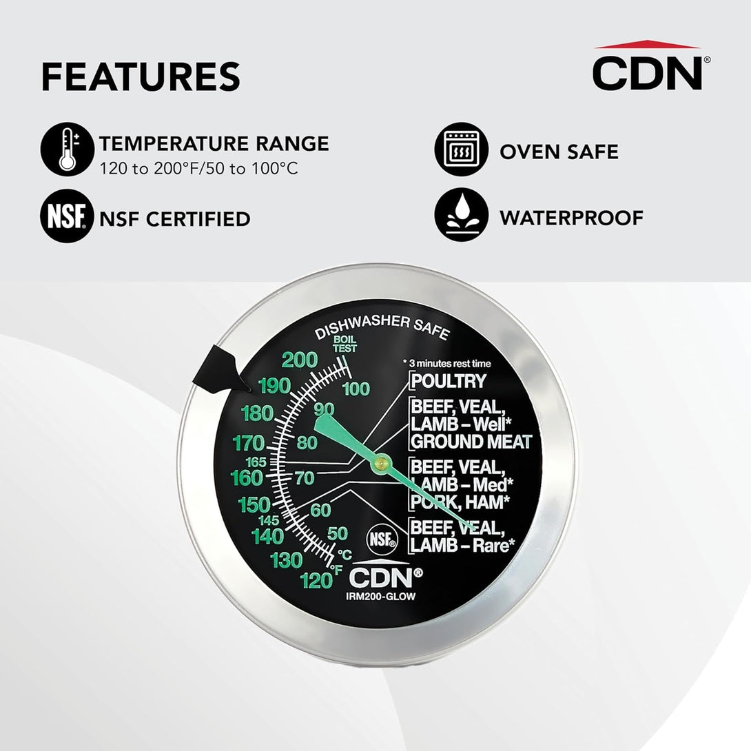 CDN Irm200-Glow Proaccurate Oven Thermometer, Food/Meat, Easy to Read Display, Silver, Pack of 1