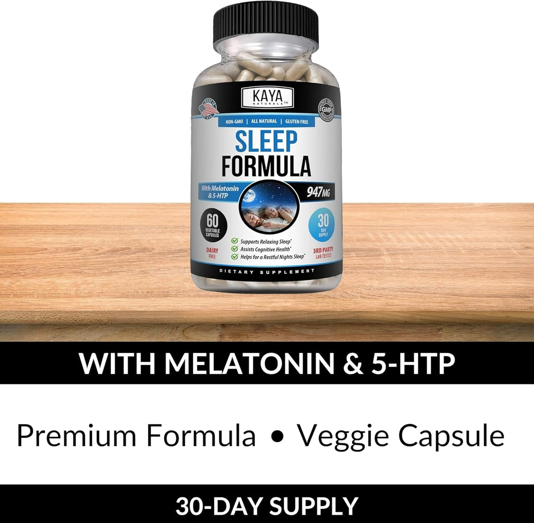 Kaya Naturals - Sleep Support Formula with Melatonin - Aid Support Vitamin Supplement - Sleep Stress and Mood Support - L-Tryptophan, Passion Flower, Ashwagandha and More - 60 Capsules (60 Count)
