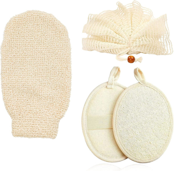 Loofah Exfoliating Body Scrubber Pack - Ramie Shower Pouf, Natural Bath Sponge, Women Bathing Sponges for Exfoliation, Organic Washing Glove, Soft Mesh Exfoliator, Cleaning Mitten