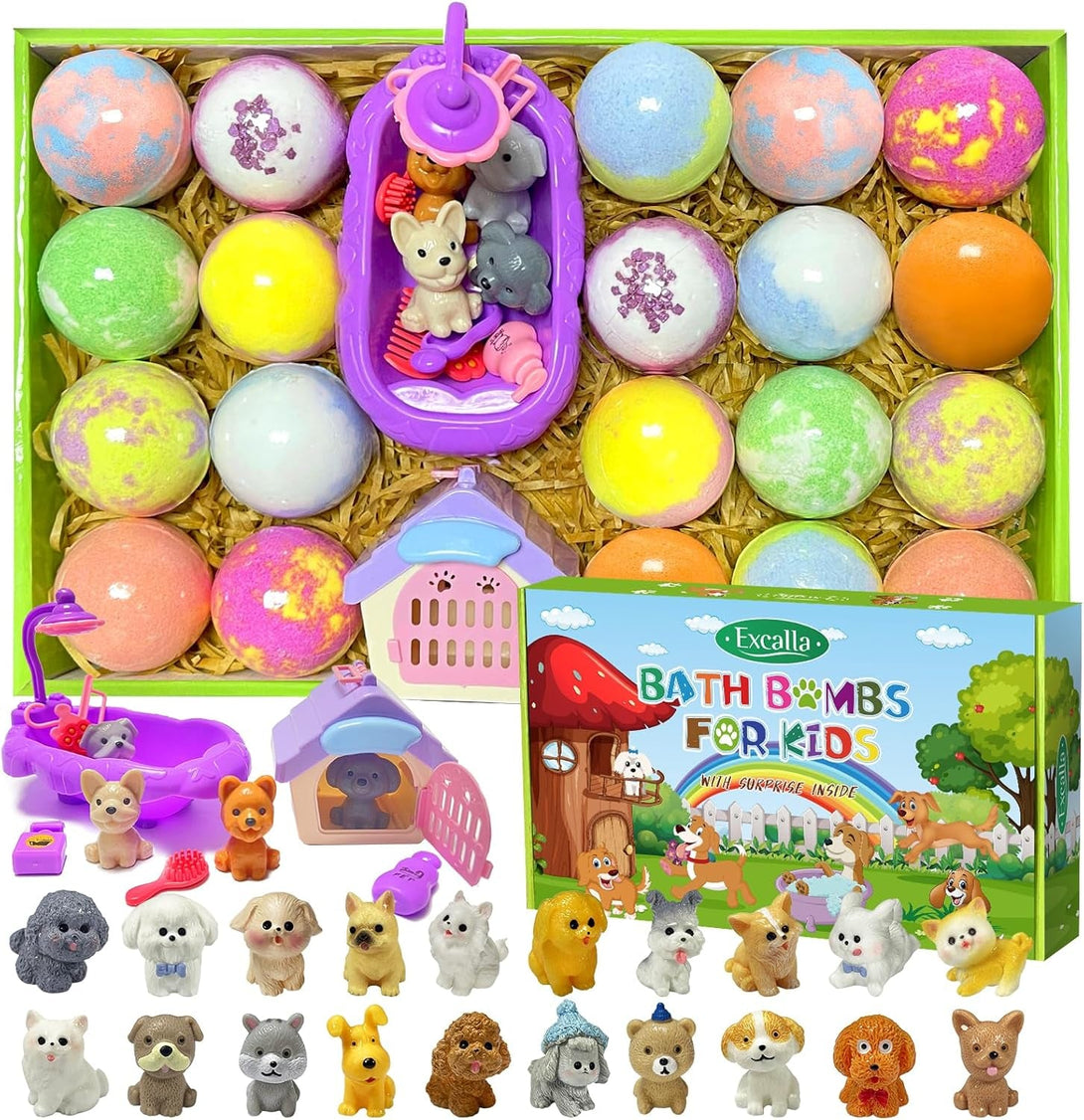 Bath Bombs for Kids with Surprise Inside, 20 Pack Kids Bath Bombs with Puppy Dolls Inside, Safe Handmade Bubble Bath Fizzies Bomb, Ideal Birthday Christmas Easter Egg Gift Set