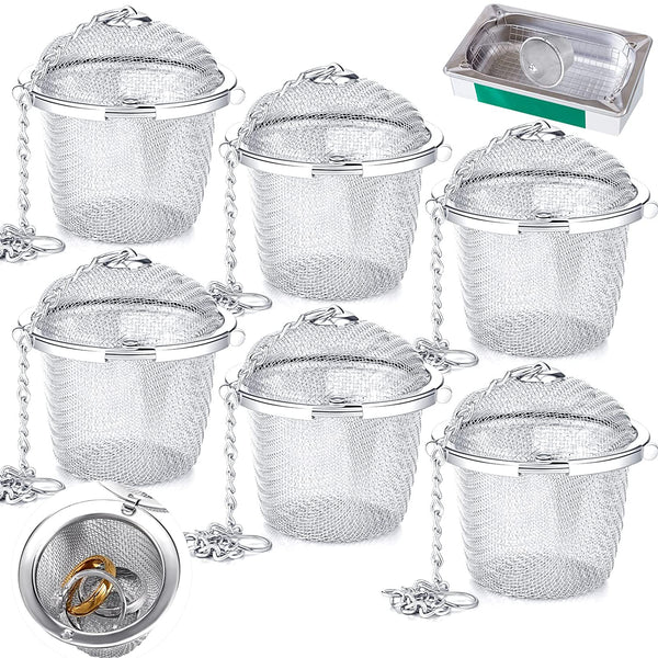 6 Pcs Ultrasonic Watch Parts Cleaner Baskets Stainless Steel Jewelry Steam Cleaner Parts Basket Mesh Ball Cleaning Small Holder with Lock Hook for Watch Cleaning Solution(Silver)