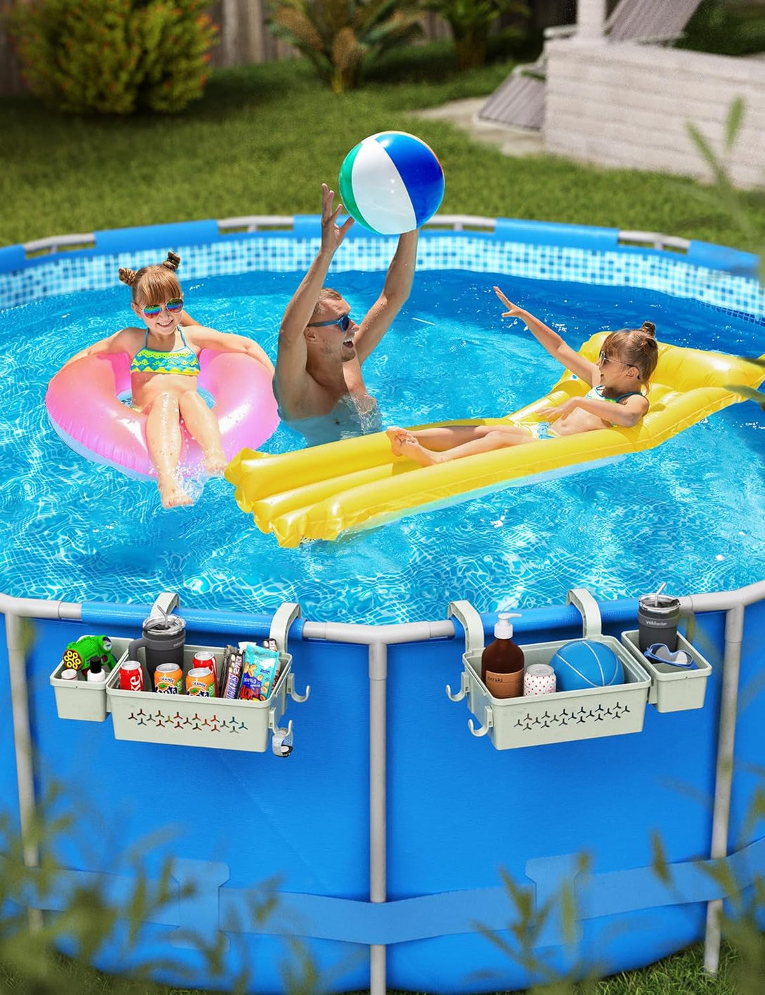 2 Sets Upgrade Poolside Storage Basket, above Ground Pool Storage Basket with Pool Cup Holder, for Steel round or Oval Frame above Ground Pools, Fits 3 Inch or Less Top Rail