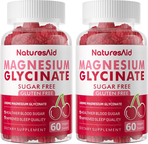 Magnesium Glycinate Gummies 1000Mg - Sugar Free Magnesium Potassium Supplement with Vitamin D, B6, Coq10 for Calm Mood & Sleep Support - 120 Cherry Gummies -2 Pack