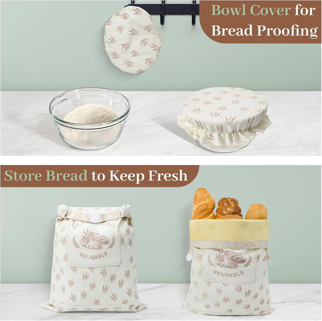 2 Pcs Reusable Beeswax Bread Bags with Cotton Bowl Cover, Containers for Homemade Bread, Cotton Beeswax Storage to Keep Fresh, Perfect Bags for Home-Baked