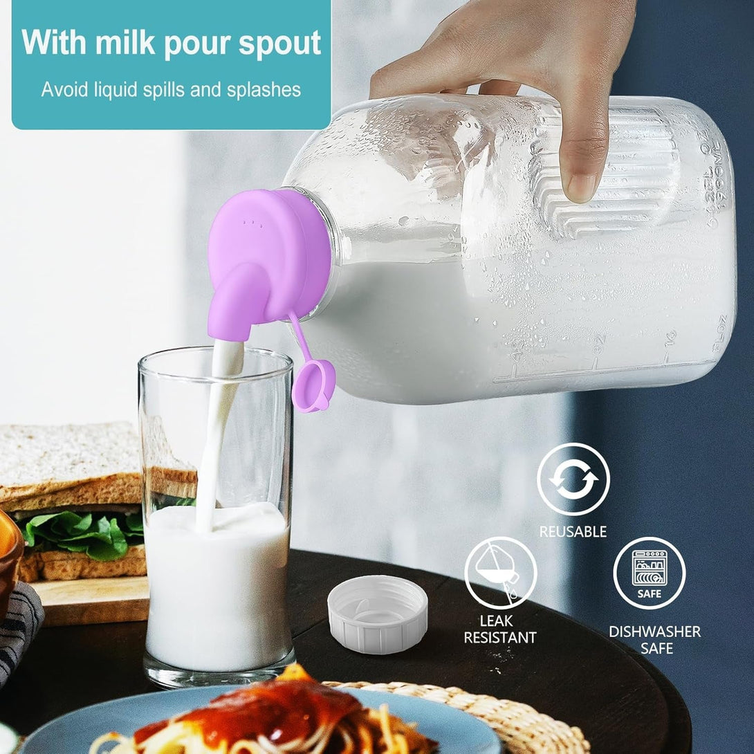 2 Pack 64 Oz Heavy Duty Glass Milk Bottle with Dispenser Cap and Reusable Airtight SCREW LID, 2 Qt Glass Water Bottle with 2 Exact Scale Lines - Milk Jug Pitcher - 1/2 Gal Juice Bottles