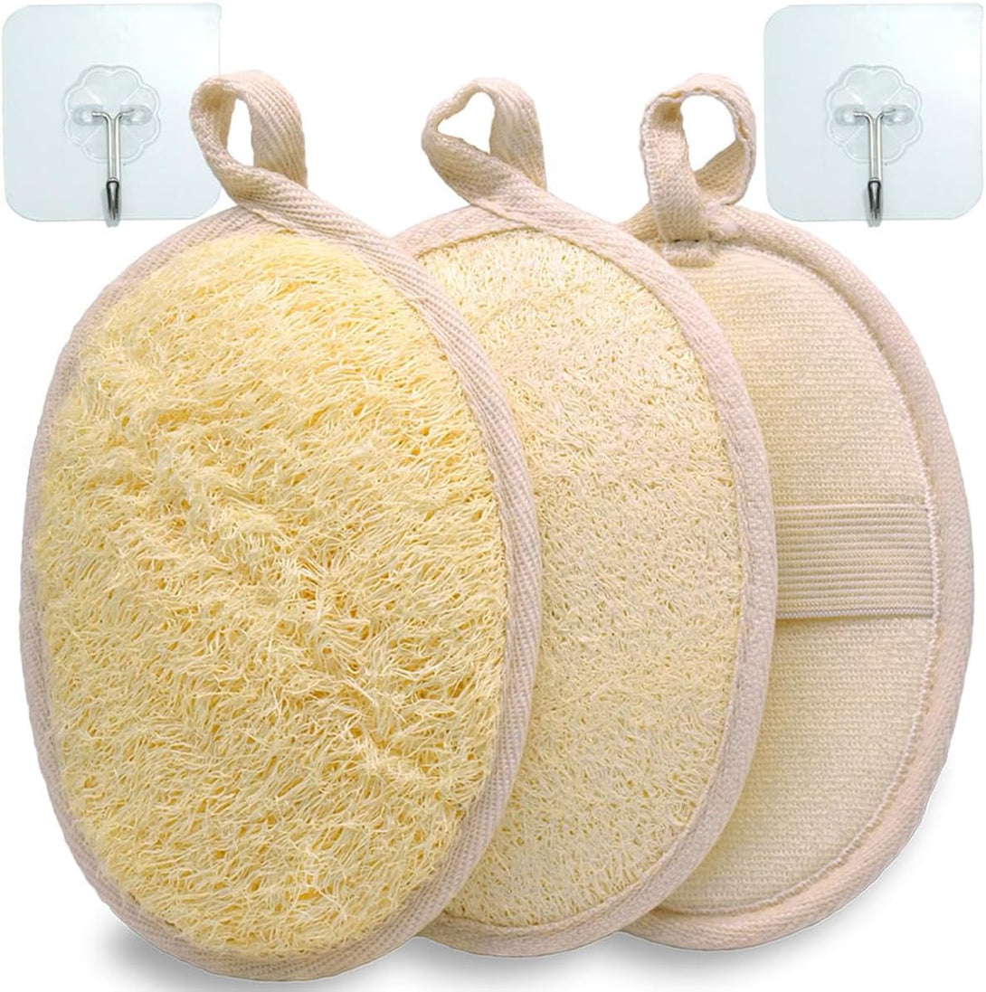 3 Pack Natural Loofah Bath Exfoliation Body Scrubber & Shower Sponge, Eco-Friendly Biodegradable Exfoliating Scrubber for Women & Men, Beige