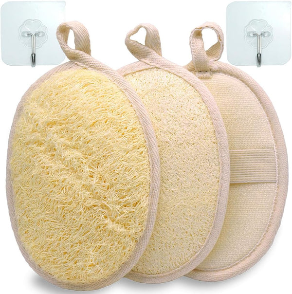 3 Pack Natural Loofah Bath Exfoliation Body Scrubber & Shower Sponge, Eco-Friendly Biodegradable Exfoliating Scrubber for Women & Men, Beige