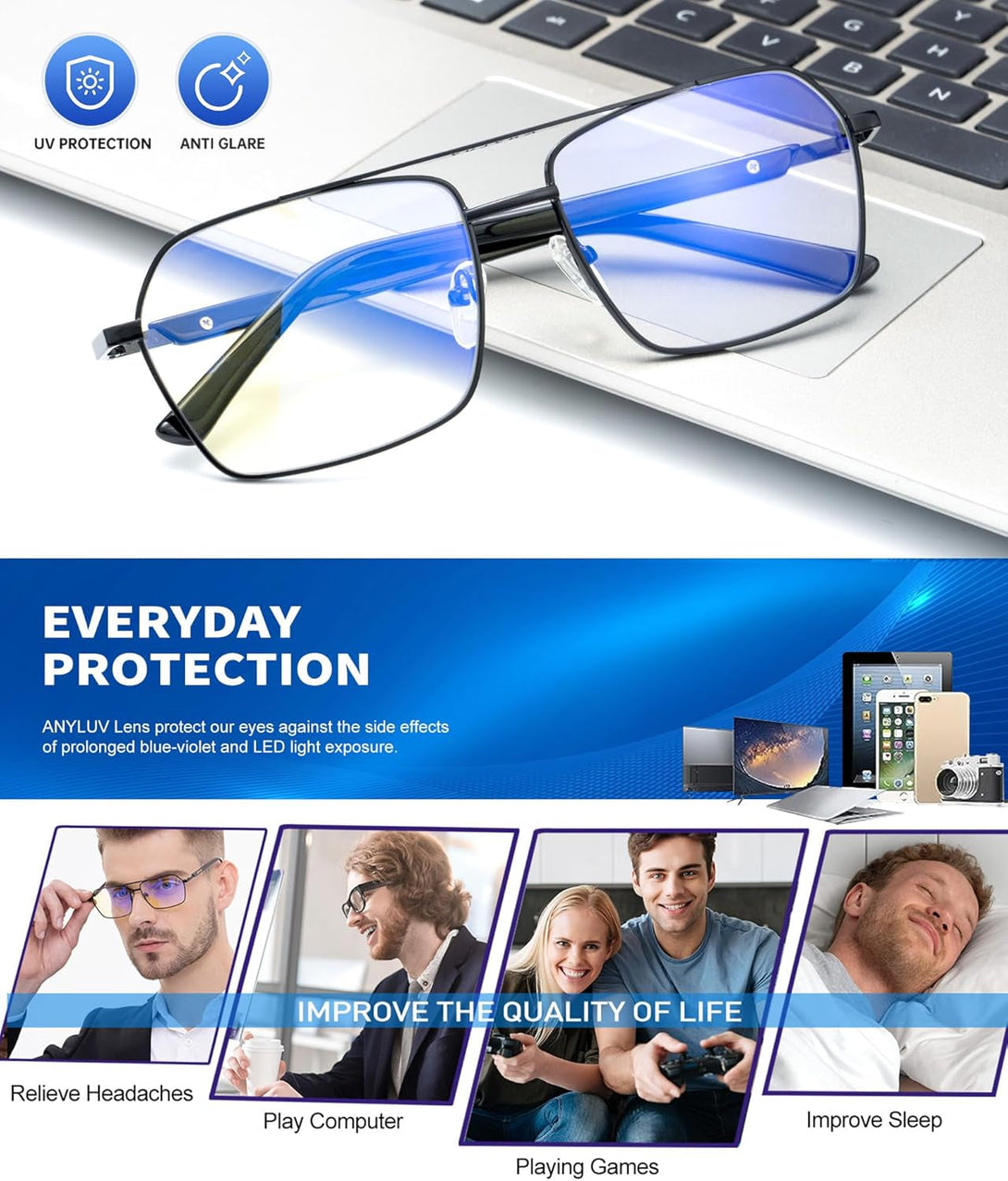 ANYLUV Blue Light Glasses Men/Women, Blue Light Blocking Glasses, Computer Screen Blocker Eyes Protection Glasses