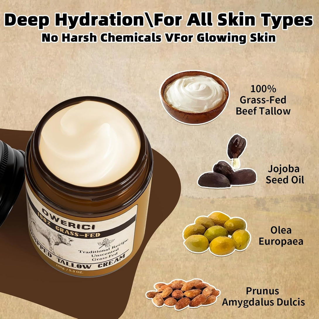 Beef Tallow for Skin, for Skin (5.3 Oz), Tallow Face Moisturizer, 100% Grass Fed and Finished, Deeply Moisturizing for Face & Body, Natural Care for Soft Supple (5.3 OZ., Extra Large)