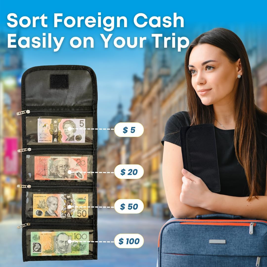 Money Wallet Organizer for Cash with 4 Zippered Pockets - Cash Bag with Dividers - Handy Currency Organizer - Money Holder for Bills, Coins, Foreign Currencies - Black