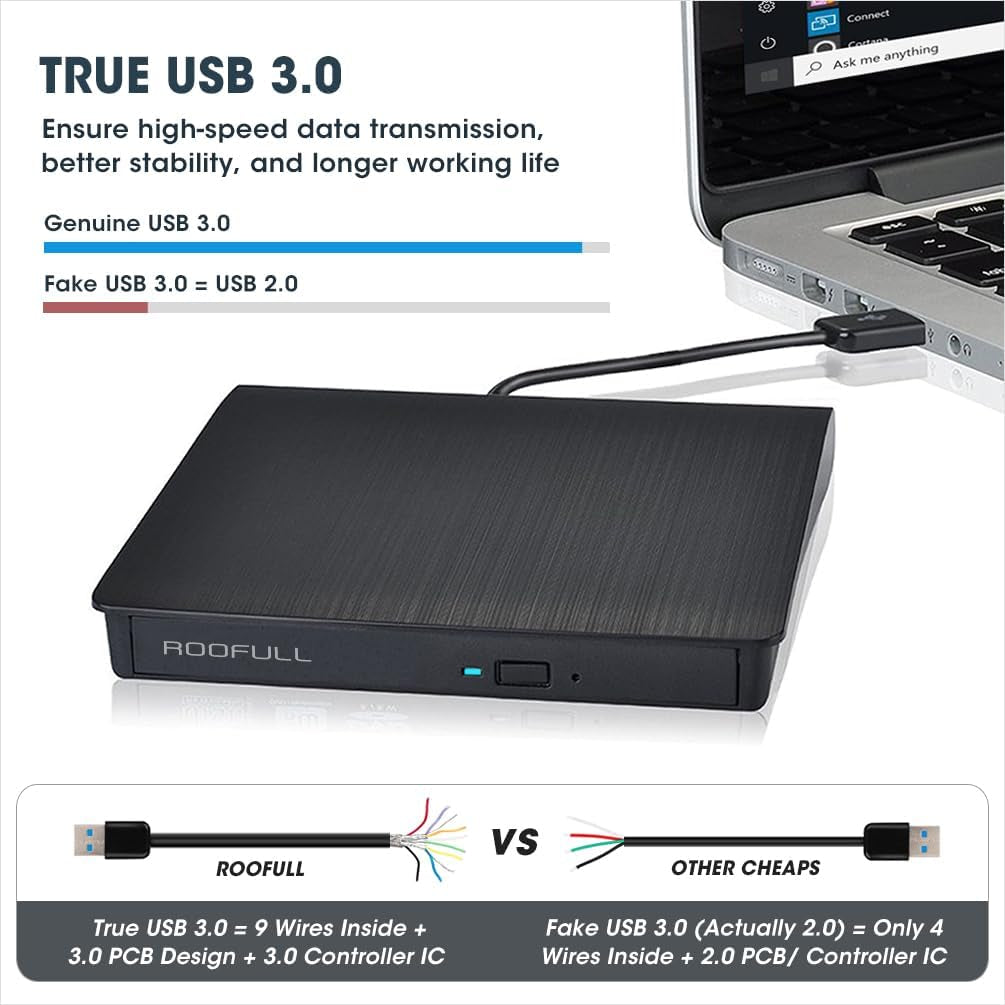 ROOFULL External CD DVD +/-RW Drive for Laptop, True USB 3.0 DVD CD ROM Disc Reader Player Burner Writer Adapter Portable Optical Disk Drive for PC Windows 11/10 Mac Linux Computer Desktop