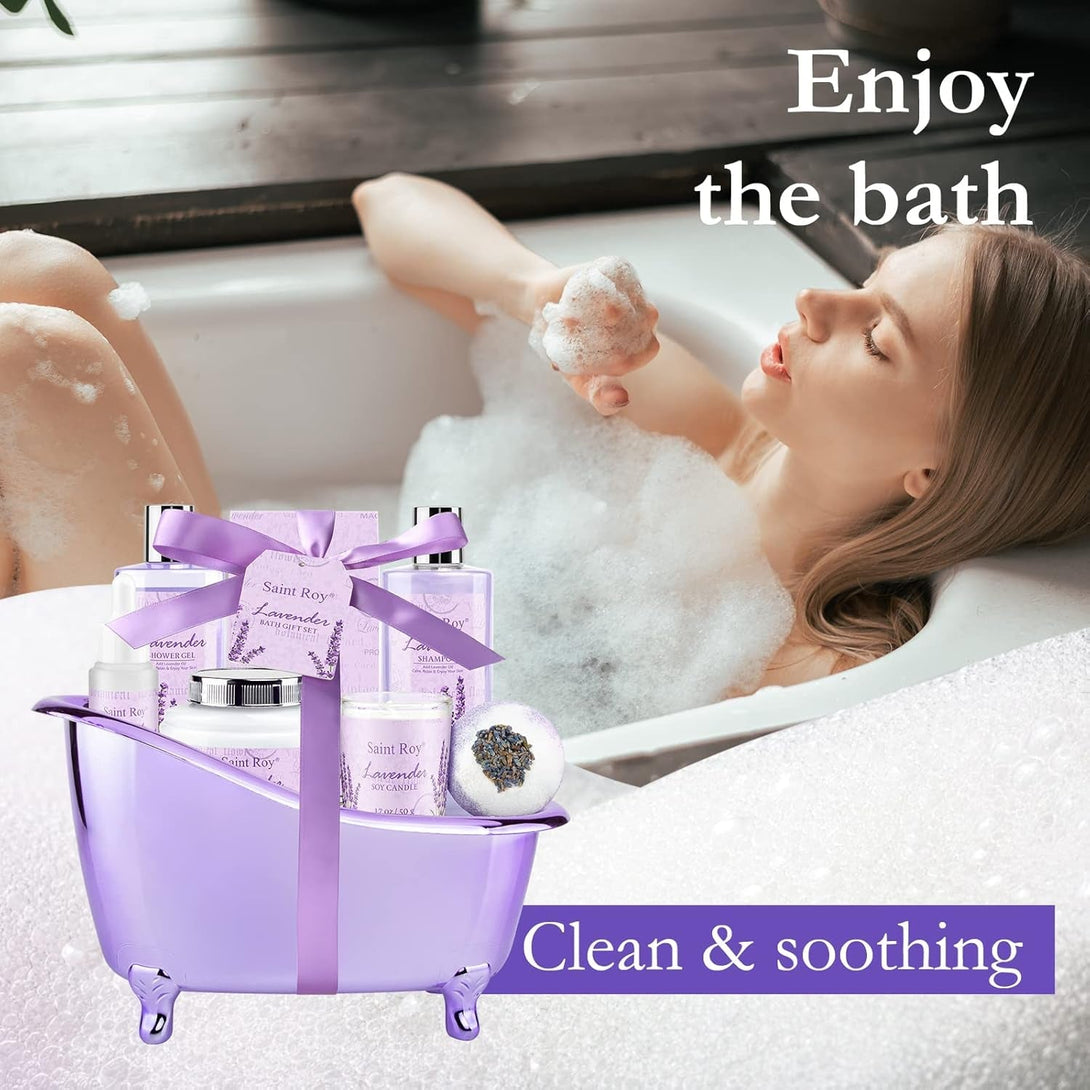 Lavender Scented Gifts for Mom Spa Gift Baskets for Women - Spa Baskets for Women Gift Lavender Gifts for Women, Bath Set with Shower Gel, Home Spa Kit Gifts for Her, Christmas, Mothers Day