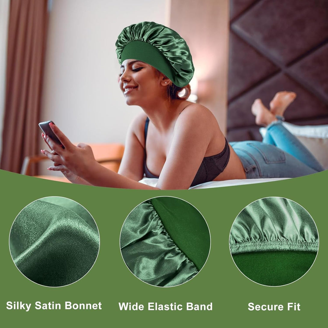 4PCS Silk Bonnet for Sleeping - Hair Satin Bonnets for Black Women Men,Wrap Cap for Curly Hair,Elastic Wide Band Bonnet Shower Cap for Sleeping (Purple & Pink & Pale Green & Black)