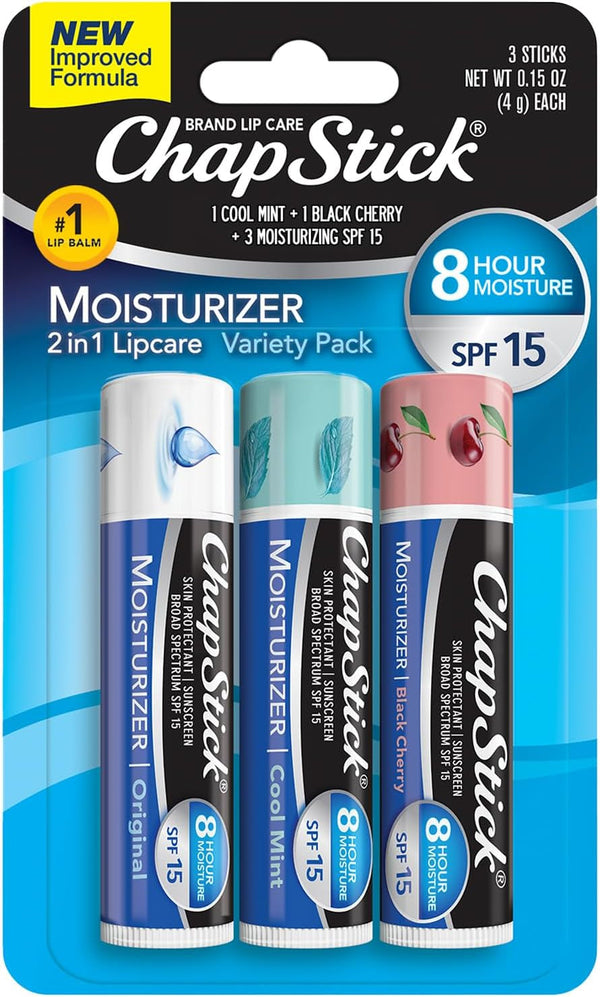Chapstick Moisturizer 2-In-1 Lipcare SPF 15, Original, Black Cherry, Cool Mint, 3-Pack – Sunscreen Lip Balm with Aloe Vera and Vitamin E, 0.15 Oz Ea