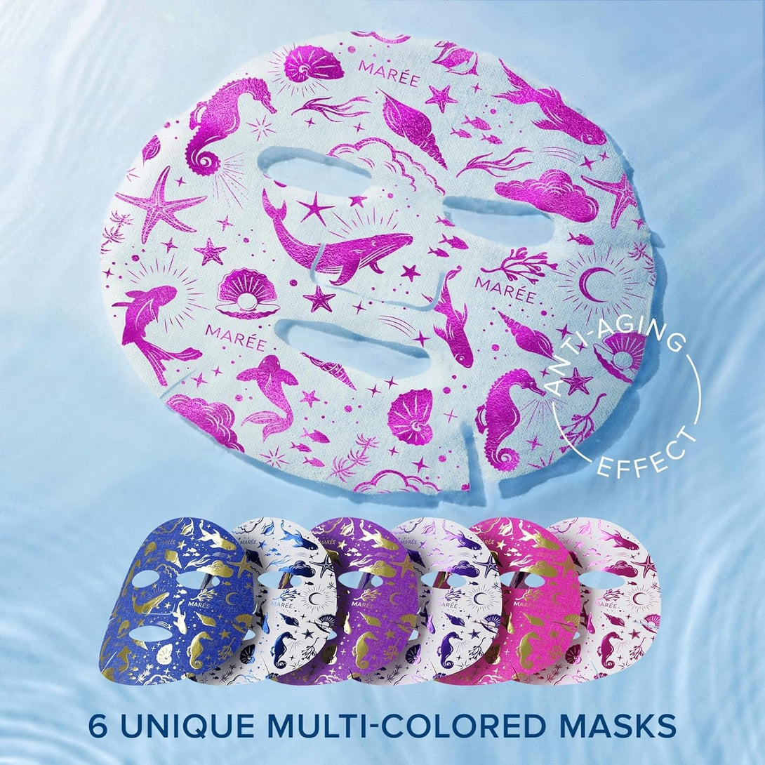 MAREE Collagen Facial Mask with Hyaluronic Acid - Sheet Face Masks Skincare with Green & Red Algae Extract - Hydrating Mascarillas Faciales for Women Skin Care - 6 Count