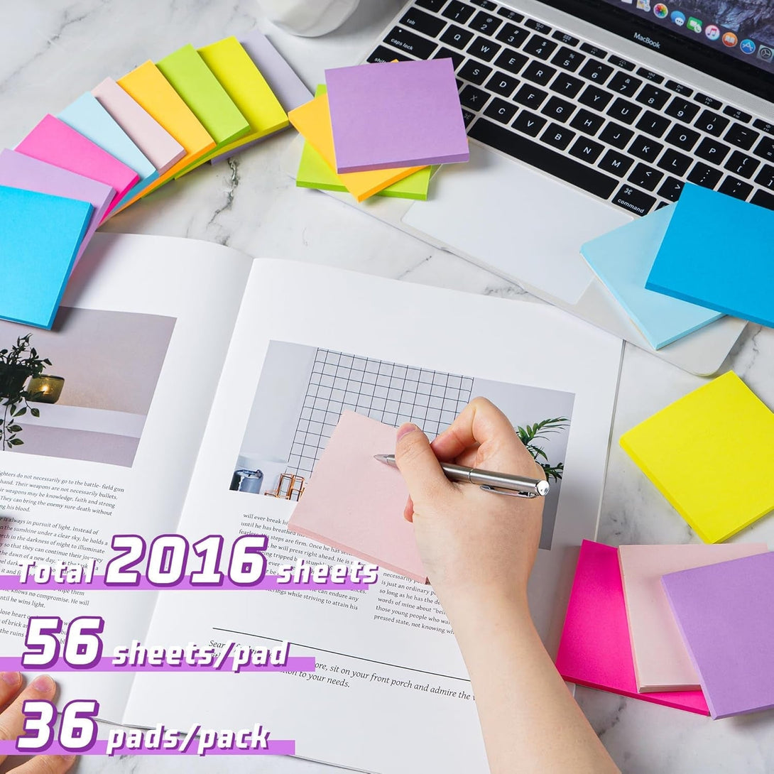 (36 Pack) Sticky Notes 3X3 in Post, 9 Bright Colors Self-Stick Note Pads It, Strong Adhesive, Easy to Post for Home, Office, Notebook