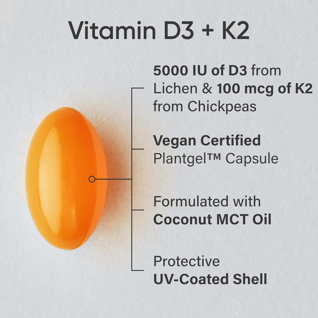 Sports Research® Vegan D3 5000Iu with Vitamin K2 100Mg - Formulated with Coconut MCT Oil - Vegan Certified, Soy & Gluten Free - 60 Softgels