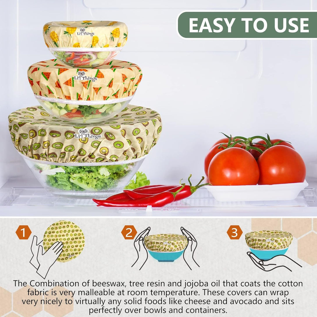 Li'L Things Beeswax Bowl Covers – Reusable Food Wrap Set of 5 | Eco-Friendly, Sustainable, Washable & Breathable Covers for Bowls, Jars & Containers (XS/S/M/L/XL) | Fruity Fruit