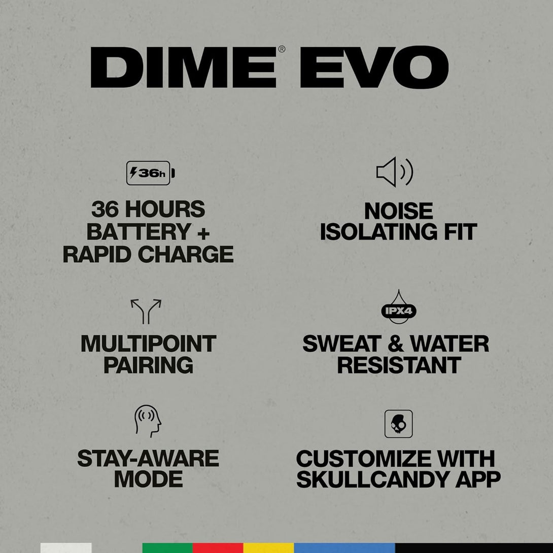 Skullcandy Dime Evo Wireless Earbuds, Bluetooth Headphones, Noise Isolating Fit, up to 36 Hours Battery, Microphone for Iphone Android, Easy Carry with Clip-Anywhere Case - Bone