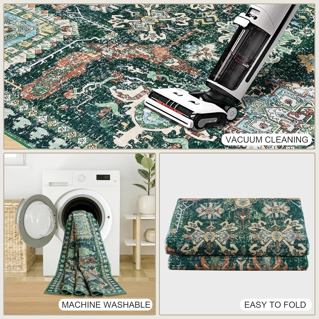 5X7 Ft Green Washable Area Rug, Non-Slip Soft Boho Indoor/Outdoor Rug for Bedroom, Living Room, Kitchen, Patio, Office, Entryway, Kids, & Runners