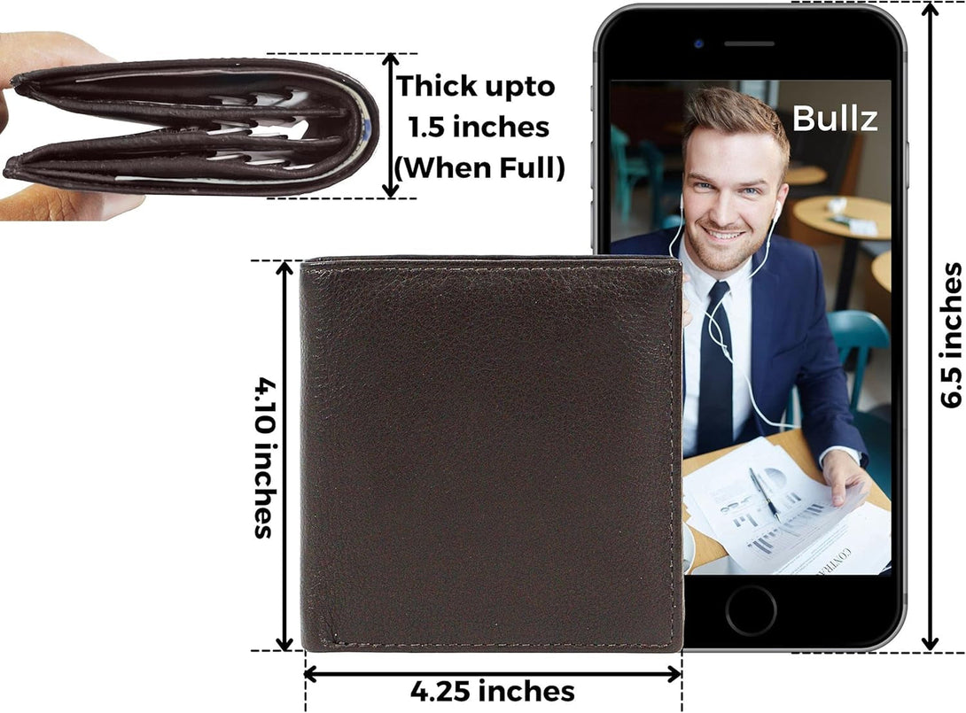 Bullz Genuine Nappa Cow Leather Thick Dual Credit Card ID Flap Quad Fold Large Bifold Mens Wallet Passcase RFID