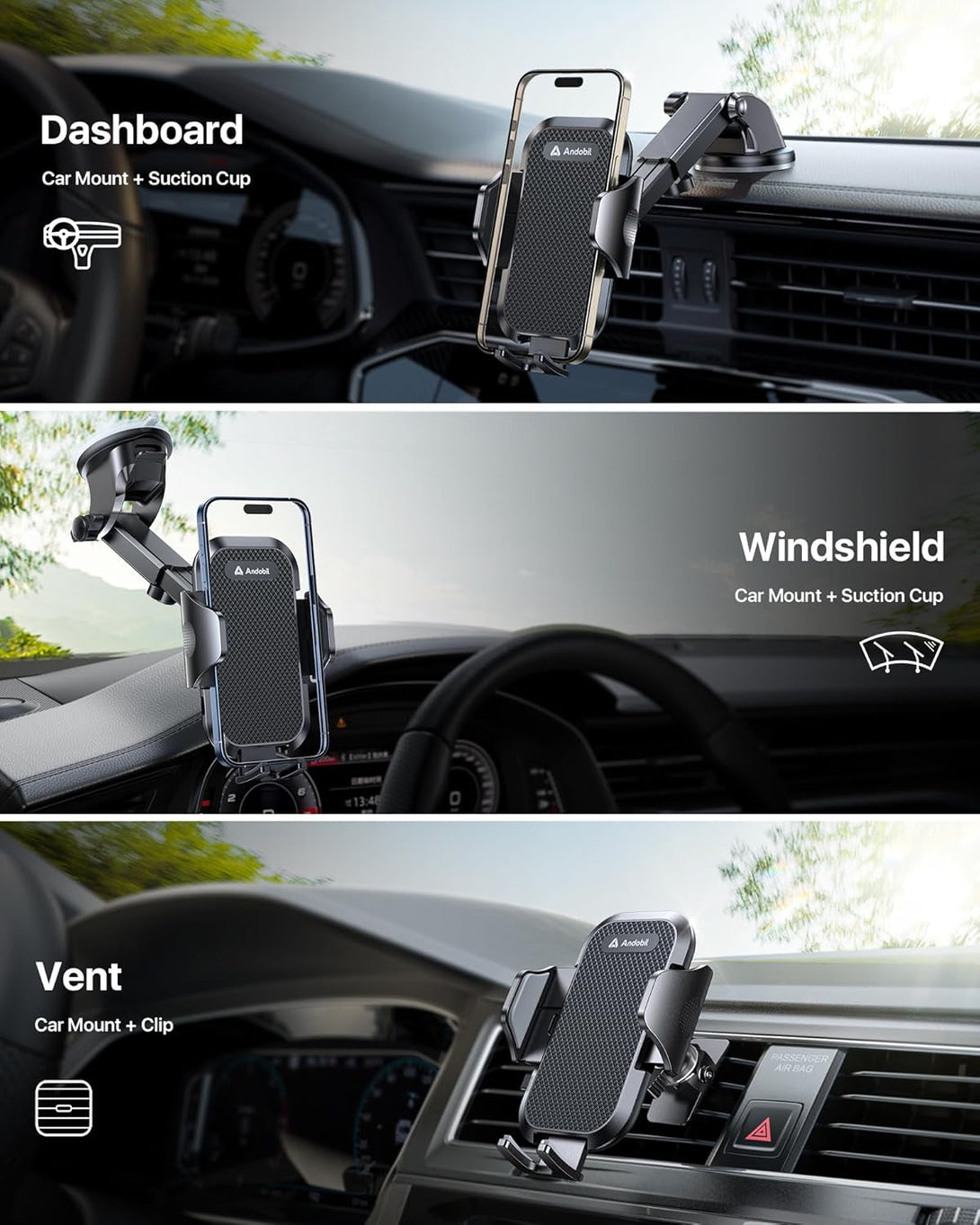 Andobil Car Phone Holder Mount (Strong Suction&Bumpy Road Stable) Phone Holders for Your Car, Cell Phone Car Mount for Windshield Dash Vent Truck Cradle Stand for Iphone 16 15 Pro Max 14 13 12 Samsung