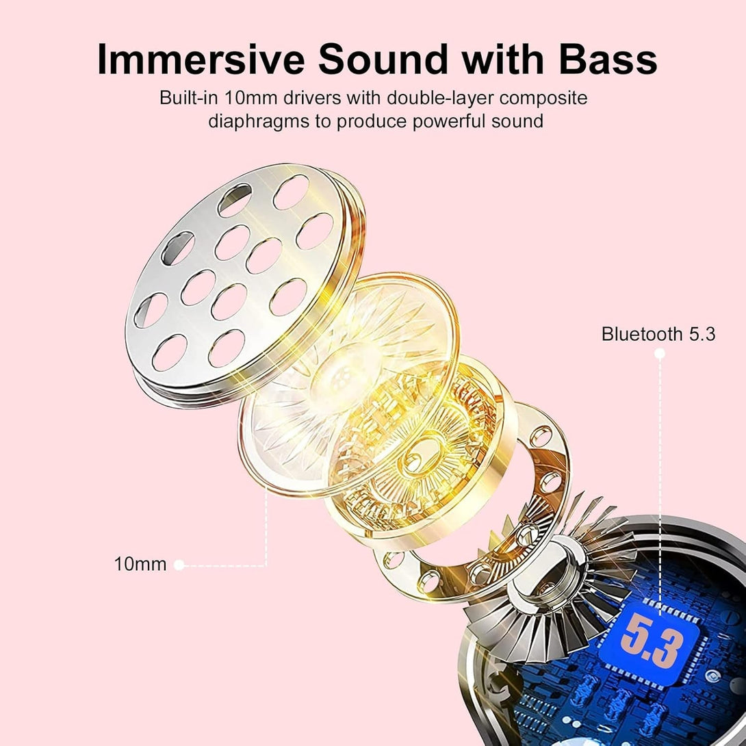 Ear Buds Wireless Earbuds, Hifi Stereo Bluetooth 5.3 Running Headphones with Dual LED Display 30Hrs Playtime, Built-In Mic, Type-C, In-Ear Bluetooth Earphones with Earhooks for Sport, Rose Gold