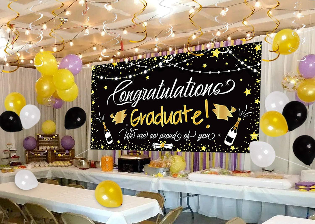 90Shine Graduation Decorations Class of 2025 - Lighted Large Congrats Grad Banner Garland Photo Backdrop+Balloons+Hanging Swirls Party Supplies (25PCS, Black, Not Include Battery)