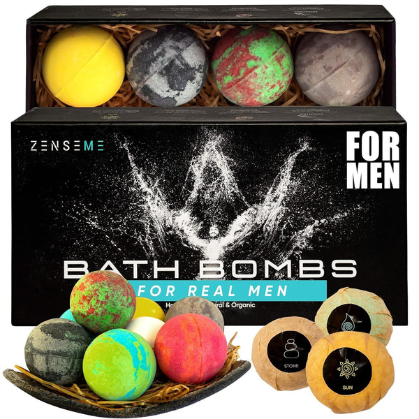 Bath Bombs for Men, Gift Set of 8 Scented Organic Handmade Bath Bombs of 2.5 Oz with Natural Essential Oils for Boyfriend, Husband, Father or Friend, by Zenseme