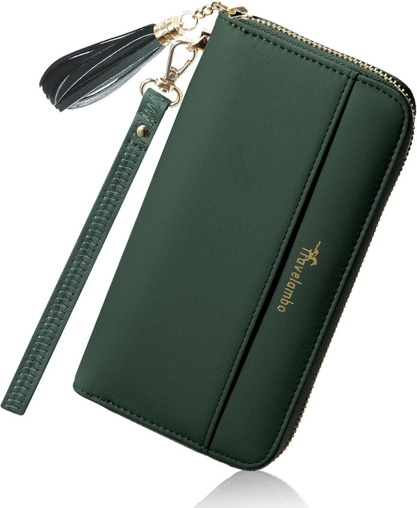 Travelambo Womens Wallet Tassel Bifold Ladies Cluth Wristlet Wrist Strap Long Purse