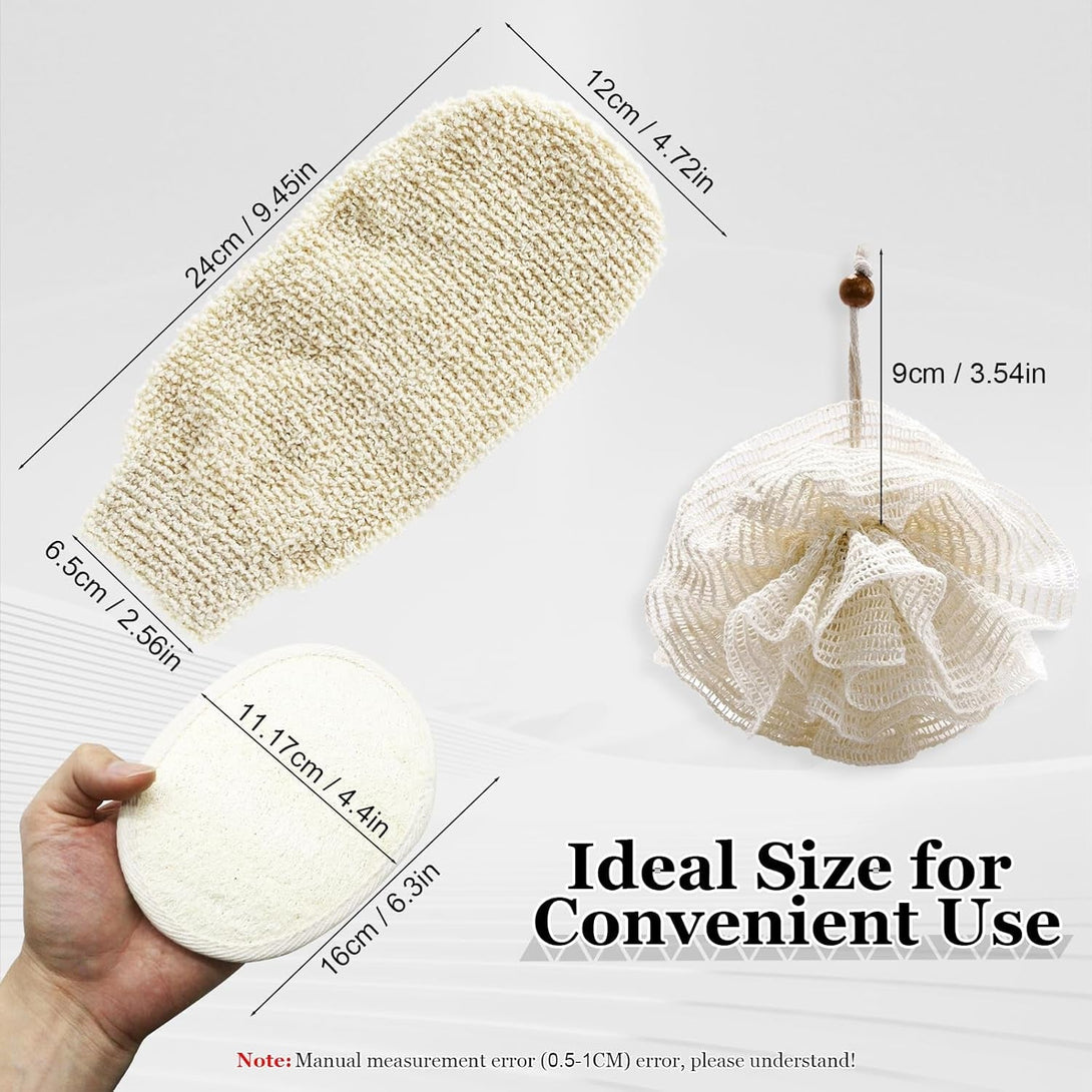 Natural Hemp Bath Mitts & Loofah Gloves Set - Exfoliating Shower Gloves for Women and Men, Organic Fiber Body Scrubber, Reusable Eco-Friendly Bath Accessories (3-Pack)