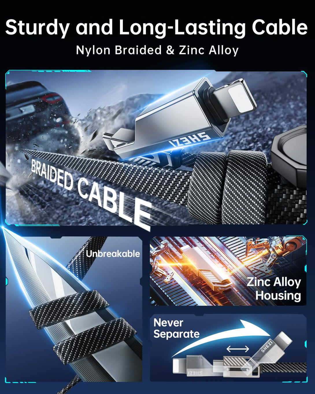 [Upgraded 2.0] SHEZI 4-In-1 USB C Cable 60W 5FT Lightning Cable MFI Certified [Fast Charging & Data Sync] Flat Braided Multi Charger Cord Combo with Lightning/Usb C/A Port for Iphone/Ipad &All Devices