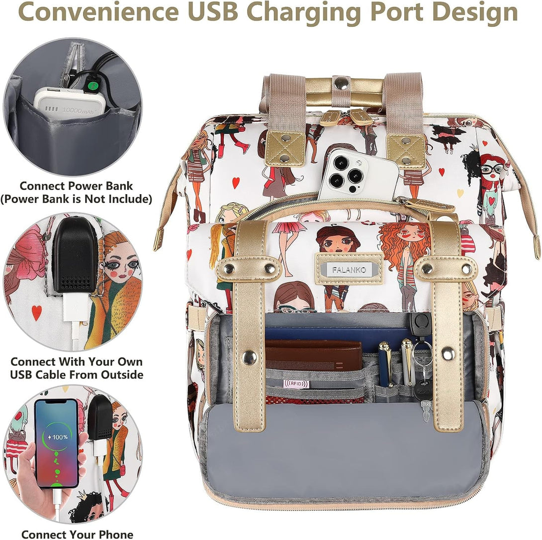 Laptop Backpack for Women,Teacher Doctor Nurse Work Purse Bag for 15.6 Inch Laptop, Wide Open Cute Cartoon Pattern Bookbag, Large Backpack for Women with USB Charging Port RFID anti Theft Pocket