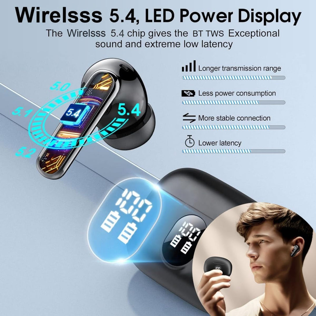 Wireless Earbuds, Bluetooth 5.4 Headphones Ear Buds with Bass Stereo Sound Noise Reduction Earphones, 120H Playtime,Ipx7 Waterproof USB-C , Touch Control LED Display Headset for Work Sport (Black)