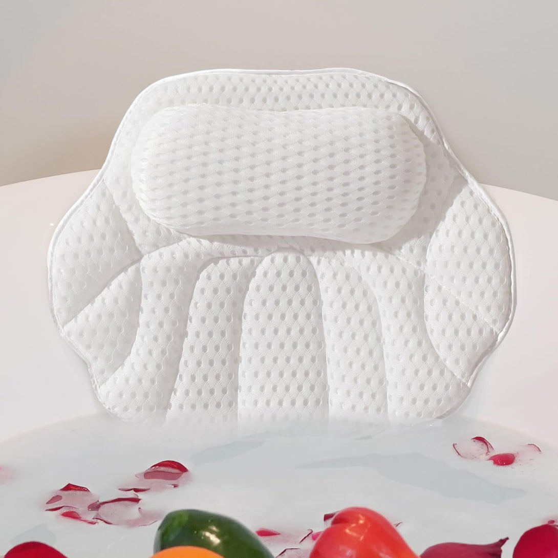 Luxury Bathtub Pillow, Mesh Bath Pillow with Suction Cups ，Bathtub Pillow for Women Relaxing, Bath Pillows for Tub Neck and Back Support,Fits All Bathtub(M002) (White)