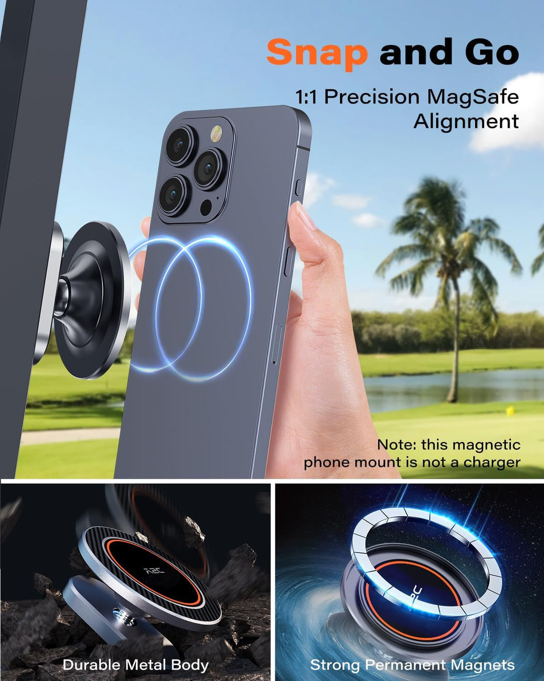 A2C Alloy Magnetic Golf Cart Phone Holder Compatible with Magsafe Iphone 16 Pro Max plus 15 14 13 12 Mini Fits EZGO, Club Car, Yamaha, Icon, Golf Cart Accessories Essentials Gift for Friend Men Women