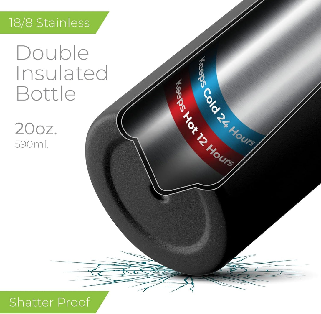 Sipx™ Triple-Insulated Stainless Steel Water Bottle - 20Oz. with Cover Lid, Bpa-Free Reusable Insulated Water Bottle Keeps Cold for 24 Hours, (Black)
