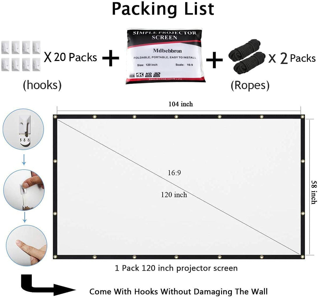 120 Inch Projector Screen 16:9 Foldable Anti-Crease Portable Projector Movies Screens for Home Theater Outdoor Indoor Support Double Sided Projection