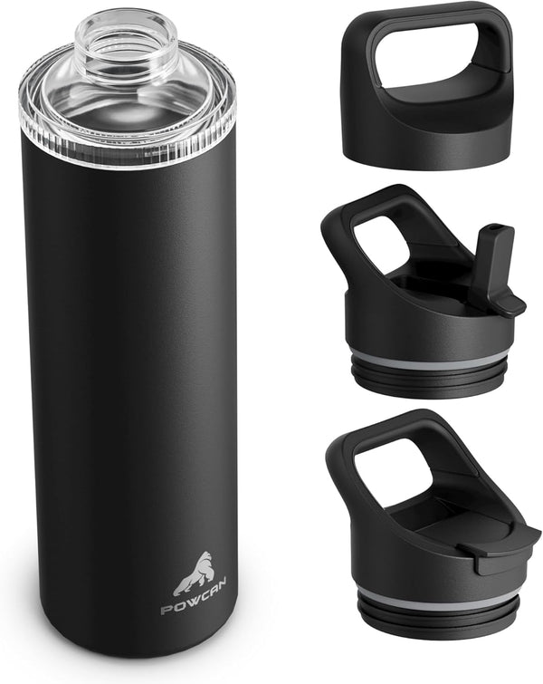 24 Oz Insulated Water Bottle for Sports: 3 Lids, Leakproof, Keep Cold 24H, Car Cupholder Friendly, Stainless Steel Water Flask with Straw and Spout Caps for Gym, School, Work, Cycling (Midnight Black)