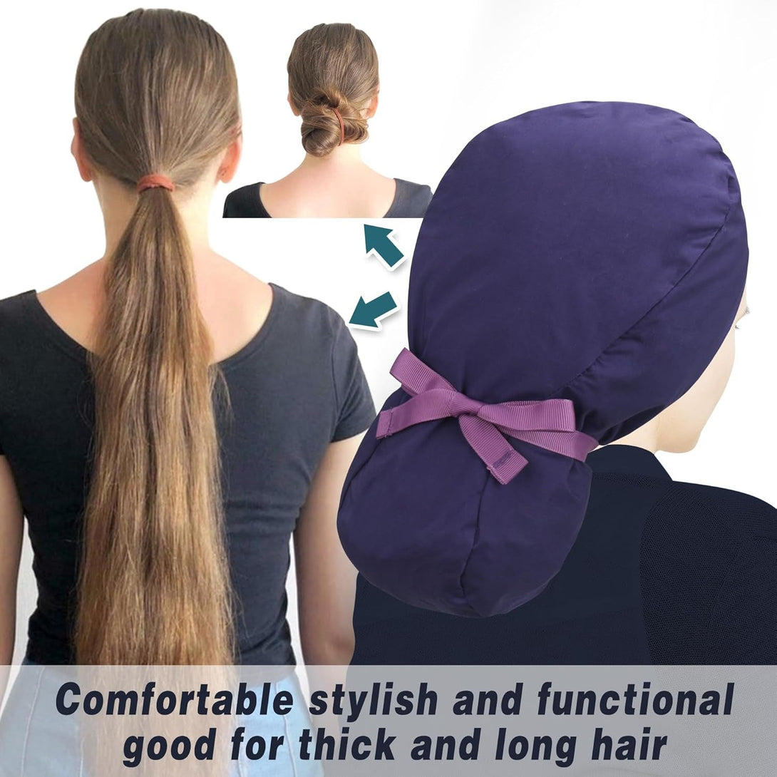 ABAMERICA Scrub Caps for Women Surgical Caps Nurse Hat Functional Ponytail Holder for Long Hair Single or Satin-Lined