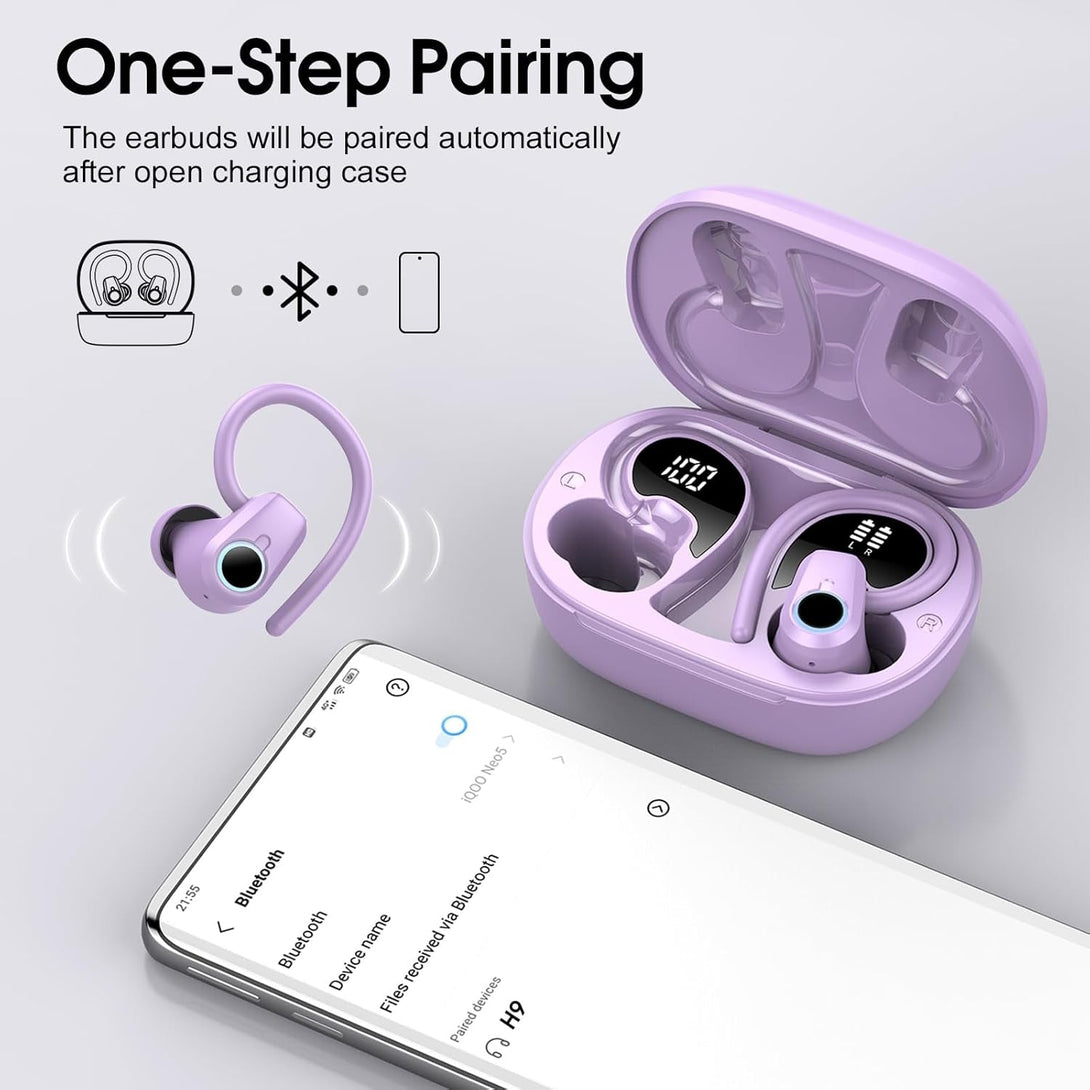 Wireless Earbuds, Bluetooth 5.3 Headphones Sport, in Ear Buds Wireless Earbuds Bluetooth 50H Playtime LED Display, Deep Bass Stereo Noise Cancelling Headphones, IP7 Waterproof Earphones, Bright Purple